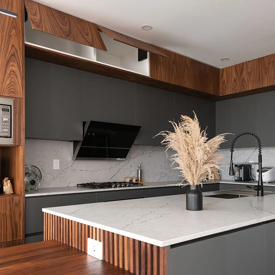 walnut and grey kitchen
