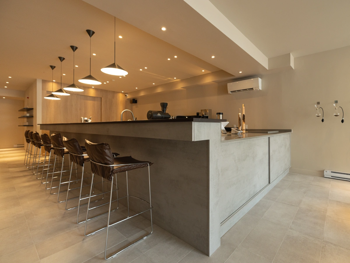 three dots coffee shop millwork bar counter stools